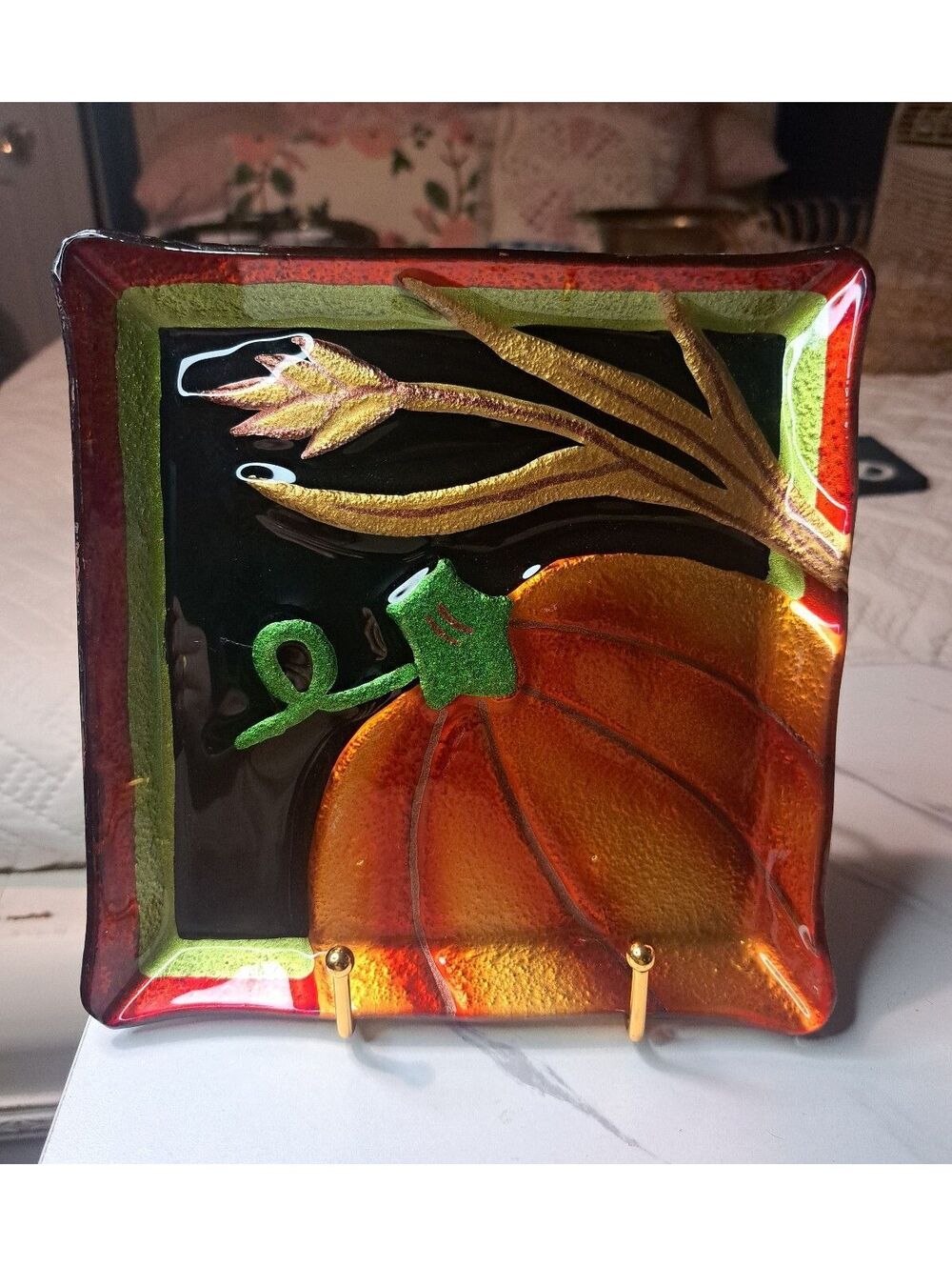 Vintage Sullivans Hand Painted Fused Glass Square Pumpkin Art Plate 7.5"